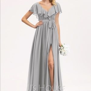 JJSHouse A-Line V-neck Floor-Length Dress With Bow, Split, Ruffles #206476